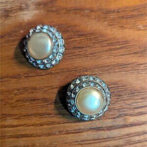 Vintage Lisner Clip On Earrings With Faux Pearl  Rhinestone Accents